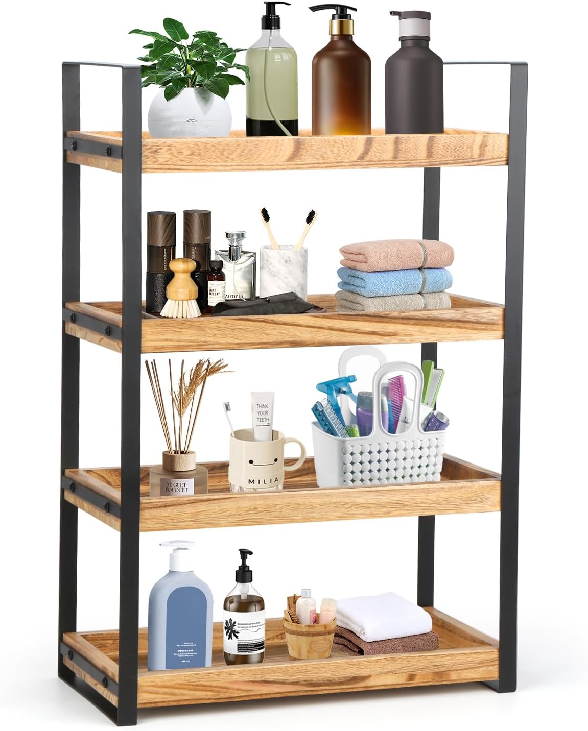 Organizador de baño independiente MUCOOS de 4 niveles, estante de madera resistente a la humedad con marco de metal, especiero multifuncional, organizador de escritorio para cocina