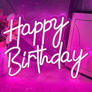 Letrero de neón de feliz cumpleaños, luz LED de neón, luz de fiesta regulable con alimentación por USB, luz de feliz cumpleaños reutilizable para decoración de pared, decoración de fiesta de cumpleaños, 40 x 33 cm (rosa)