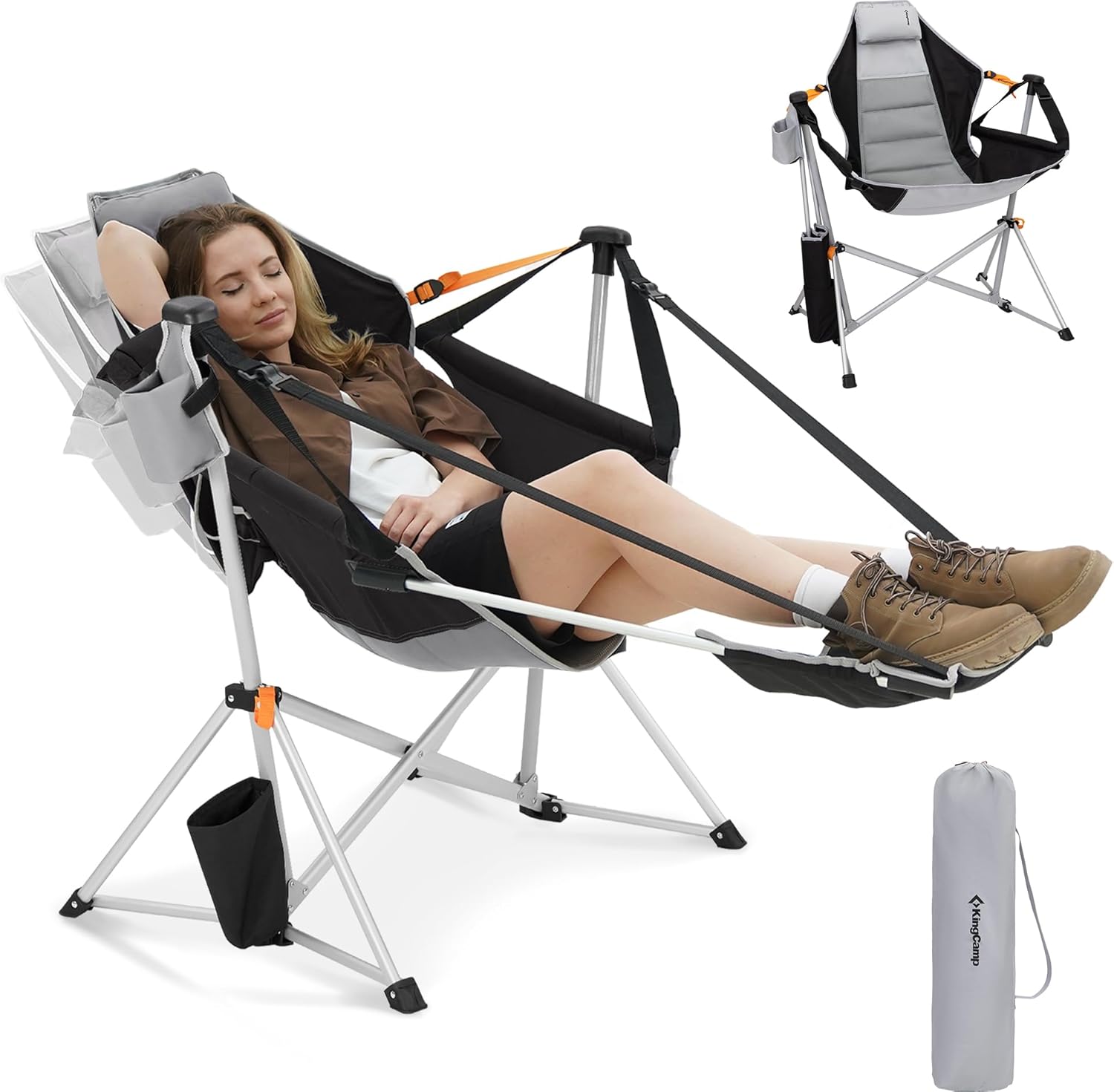 Mecedora de camping KingCamp, plegable, con reposapiés, respaldo ajustable de aluminio y portavasos, ideal para exteriores, viajes, jardín y playa, color negro