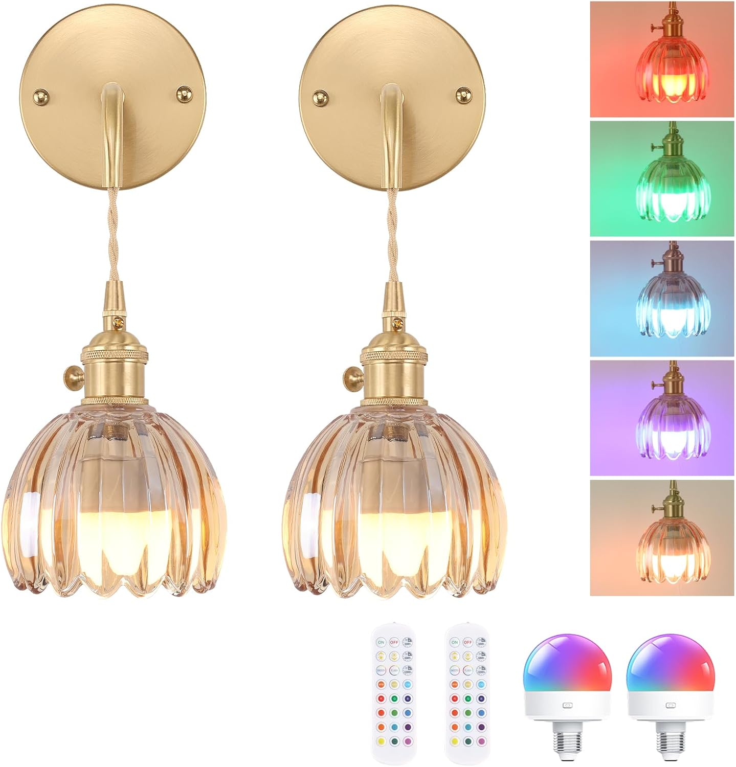 Lámpara de pared recargable para interiores Shenmoyl (paquete de 2), lámpara de pared vintage con control remoto, regulable, lámpara de mesita de noche recargable, altura ajustable, para baño, dormitorio, pasillo, sala de estar, diseño de tulipán marrón.