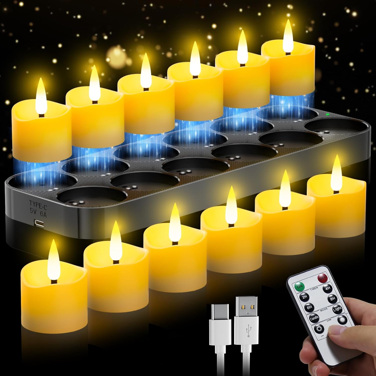 daphomeu Velas LED magnéticas recargables, paquete de 12, velas eléctricas recargables con estación de carga, función de temporizador y control remoto, velas sin llama para Navidad, Halloween y oración.