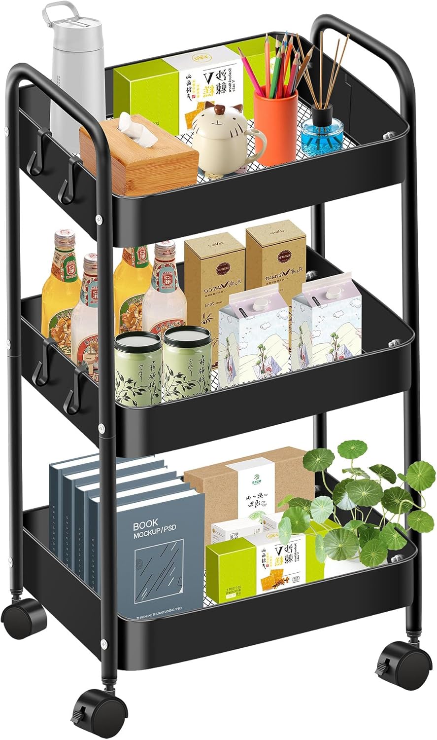 Carrito rodante Mimoke – Carrito de almacenamiento de 3/4 niveles con ruedas de 360° para cocina, baño, oficina, dormitorio, móvil, robusto, ideal para almacenar utensilios, aperitivos y cosméticos (Negro, 4 niveles)