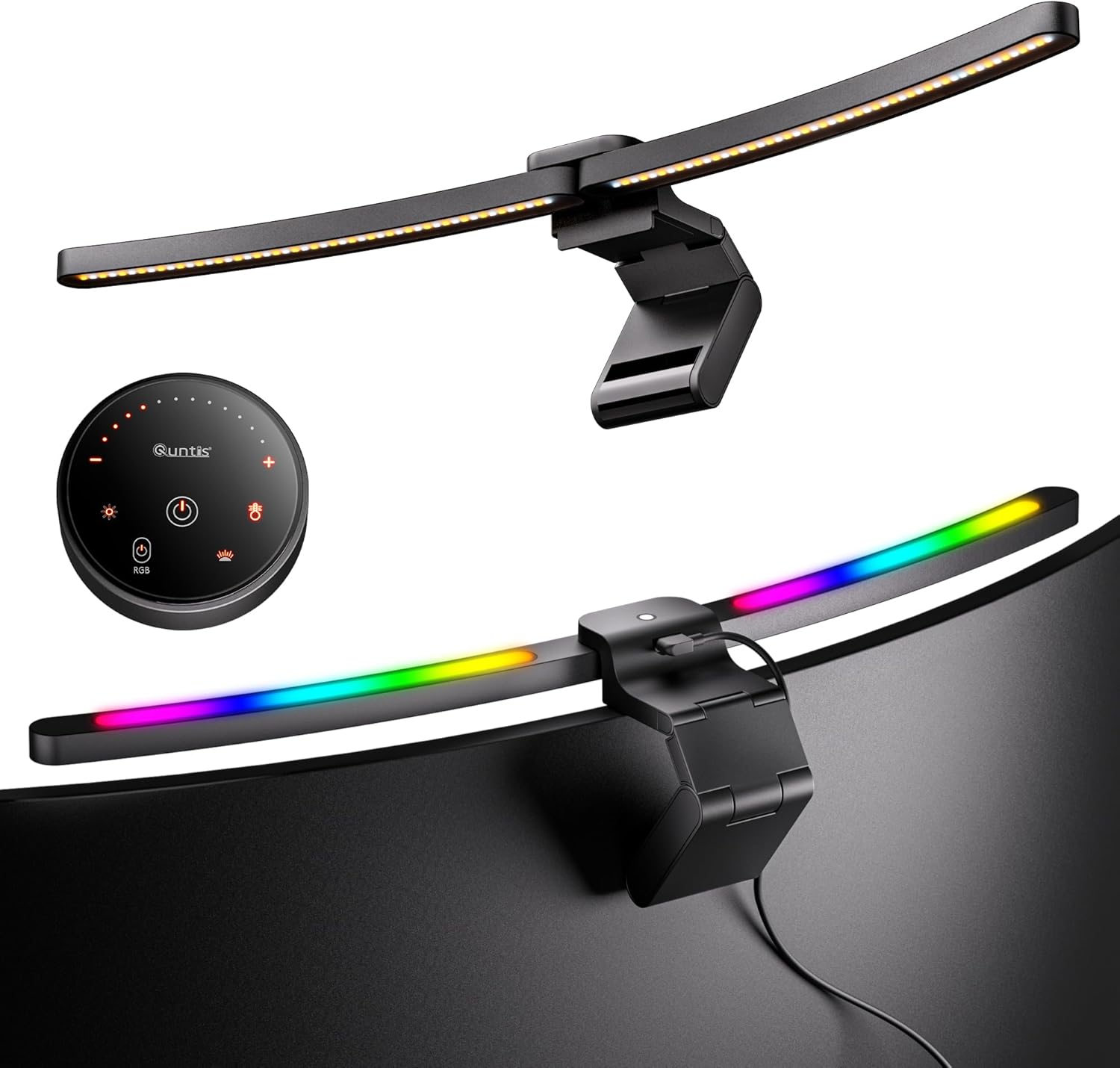 Lámpara para monitor curvo Quntis de 66 cm con control remoto, retroiluminación RGB, barra de luz para monitor con ángulos ajustables, atenuación automática, luz azul, lámpara de pantalla sin parpadeo, configuración de decoración para juegos