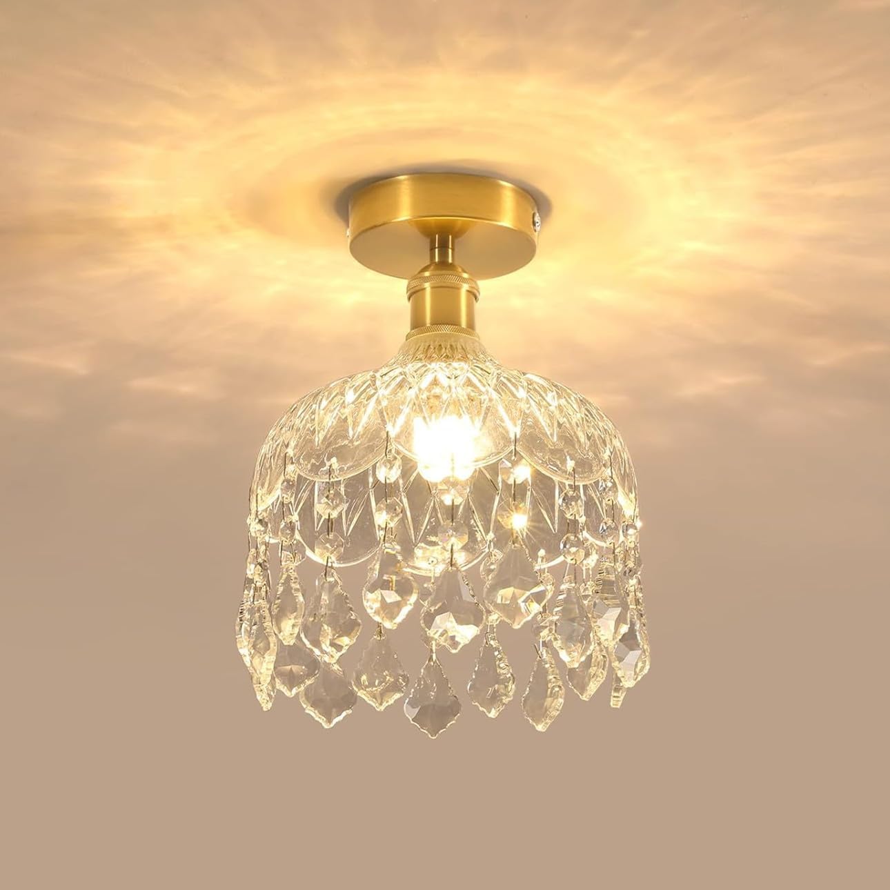 Lámpara de techo DELIPOP Crystal Gold, lámpara de techo moderna E14 para sala de estar con pantalla de cristal, araña vintage para dormitorio, comedor, pasillo, cocina, balcón.