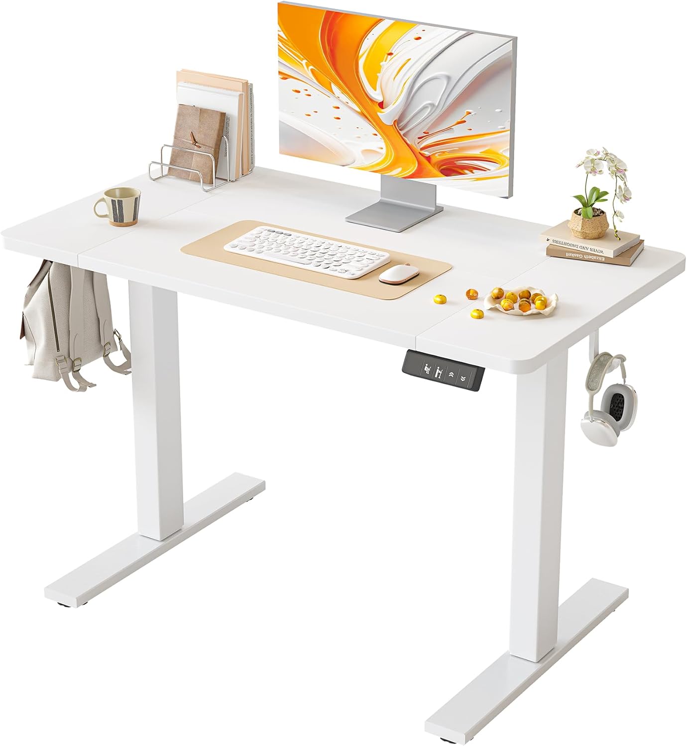 Escritorio eléctrico ajustable BEXEVUE de 100×60 cm: mesa ergonómica para oficina y teletrabajo, estable y silenciosa con 2 botones de memoria, color blanco.