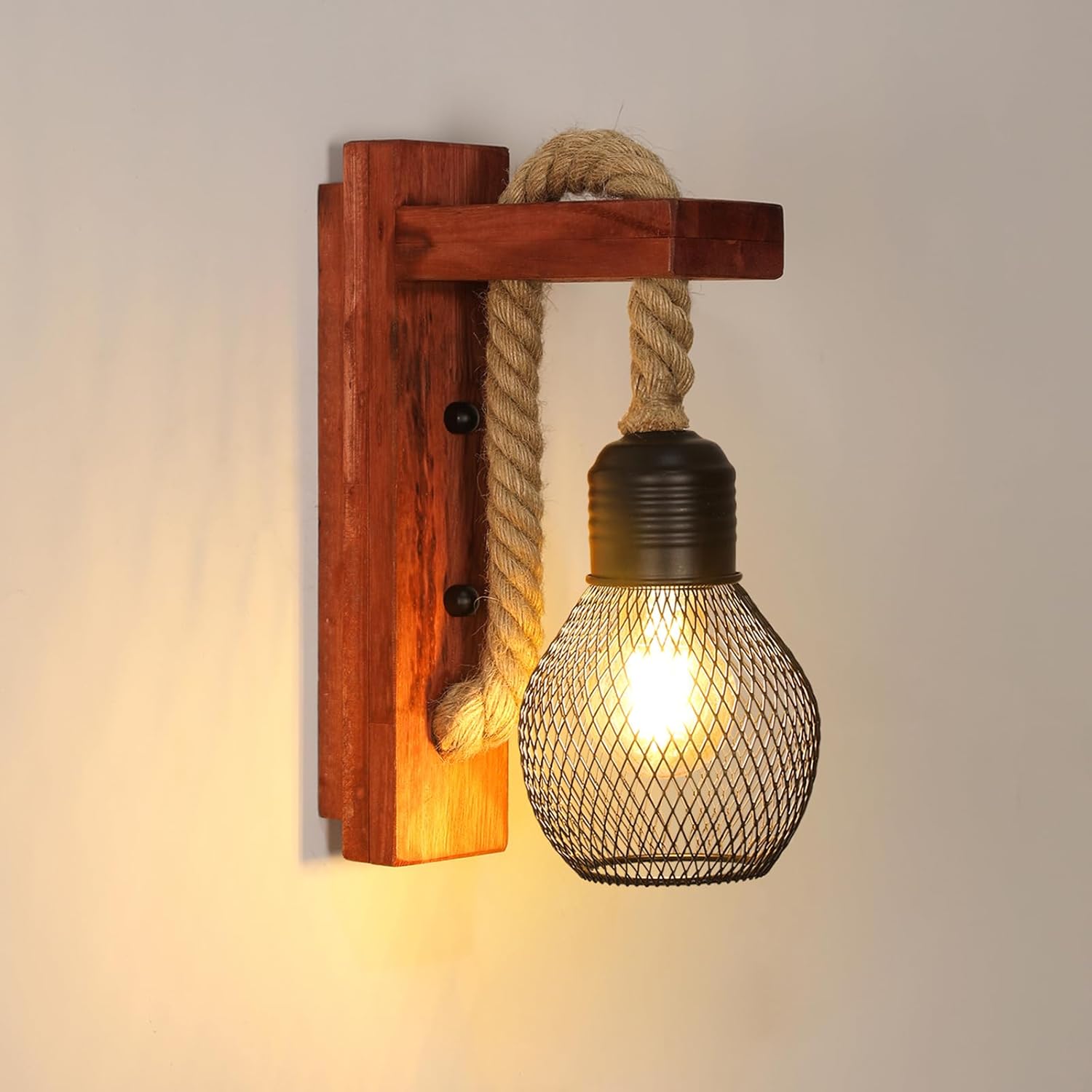 Aplique de pared retro Pheashine para interior, color negro, de madera, hecho a mano con aspecto de cuerda de cáñamo, casquillo E27, apto para dormitorios, pasillos, comedores, bares y otros lugares (bombilla no incluida).