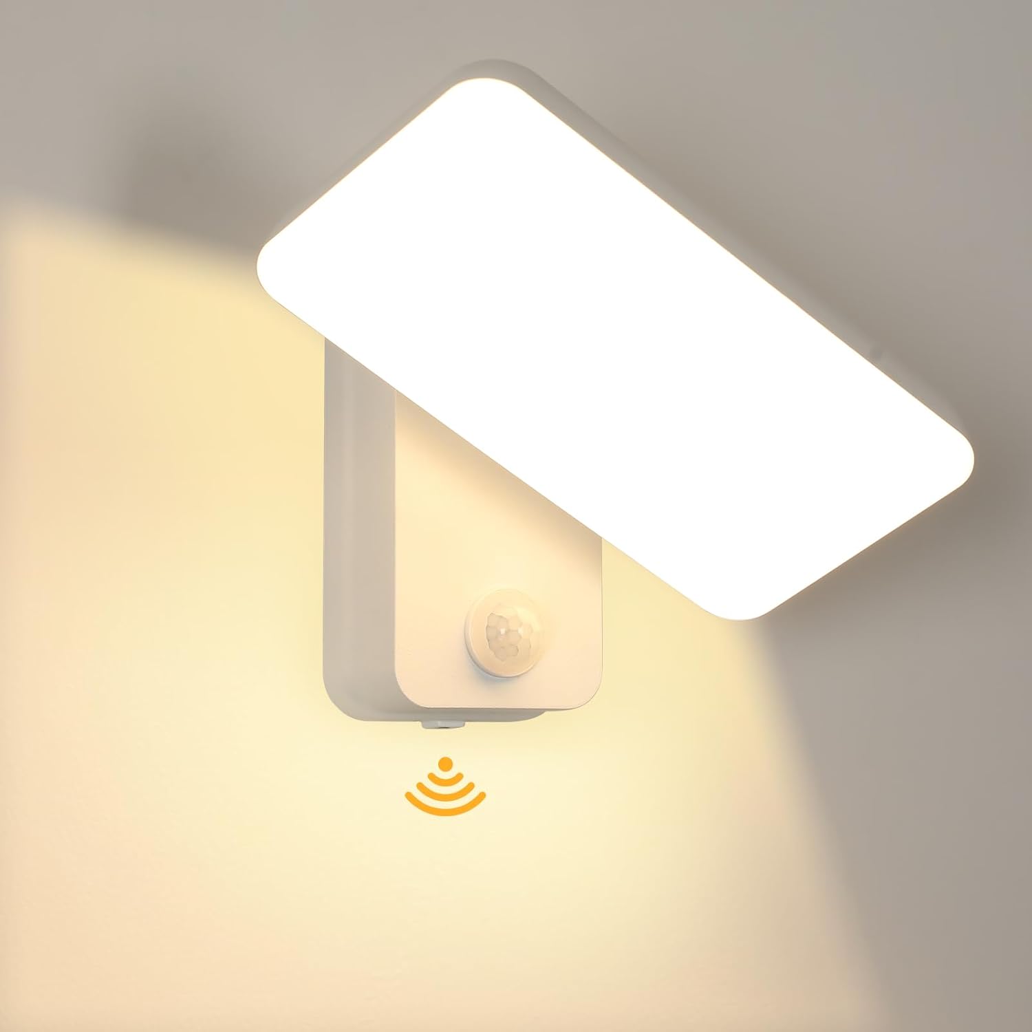 Aplique LED de pared para interior y exterior DELIPOP con sensor de movimiento, 16 W, resistente al agua IP65, blanco, giratorio 350°, para patio, entrada, jardín y terraza, blanco cálido 3000 K.