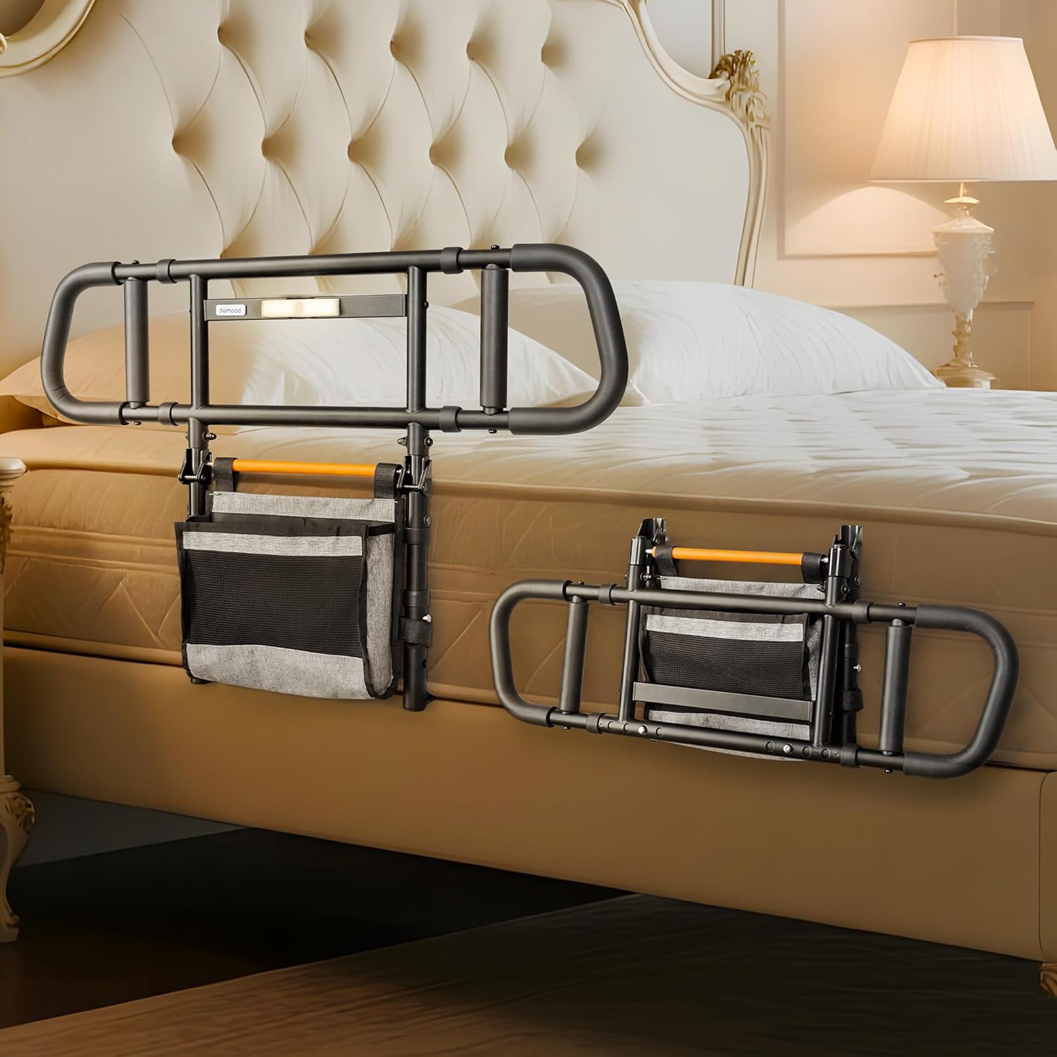 Ayuda de pie NIMOOD C5 para personas mayores, estable, extensible en ambos lados, con asas de agarre, plegable y con sensor LED para reducir el riesgo de caídas.