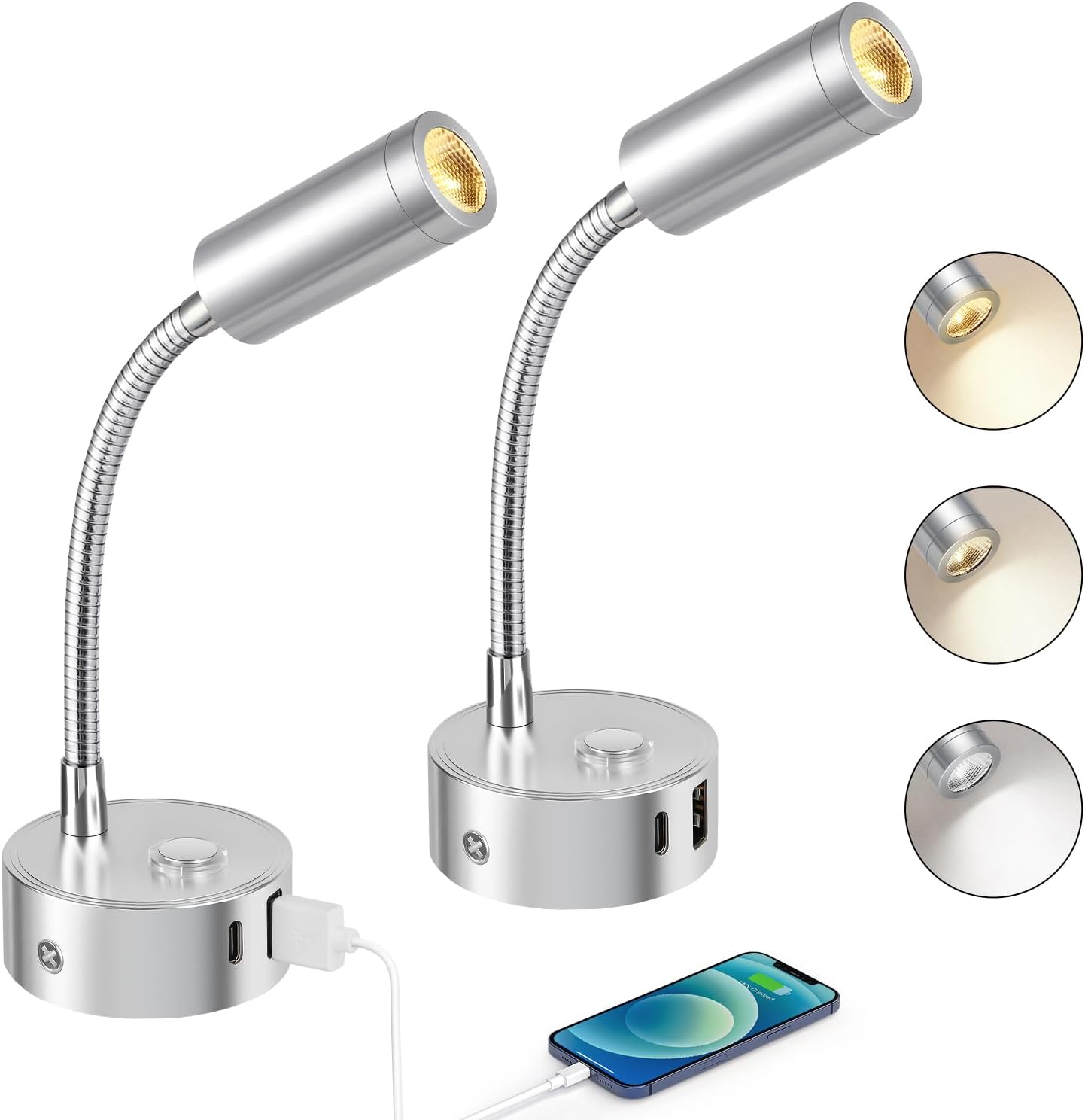 Lámpara de lectura LED ERWEY (paquete de 2) de 12 V para autocaravana, regulable táctilmente (3000 K-6000 K), brillo ajustable, lámpara de noche de cuello de cisne flexible de 360° con puertos USB A+C para iluminación interior de barcos y caravanas, color plateado
