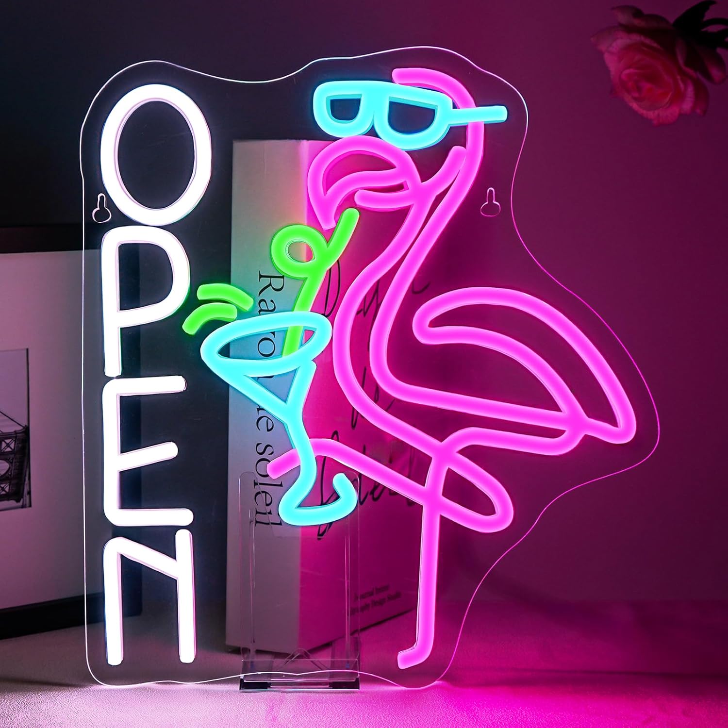 Letrero de neón Flamingo Open de ineonlife, letrero LED de apertura para bar de cócteles, letrero de neón Flamingo para decoración de pared, letrero LED de neón con letras para tiendas de bebidas, bares de cócteles, tabernas, bares, clubes y tabernas de playa.