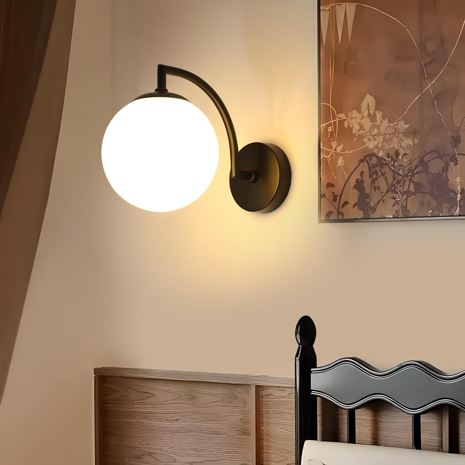 Lámpara de pared de interior DELIPOP negra, aplique de pared esférico, foco de pared E27 con pantalla de globo de cristal Ø15CM - Iluminación de pared retro para dormitorio, pasillo, sala de estar y mesita de noche