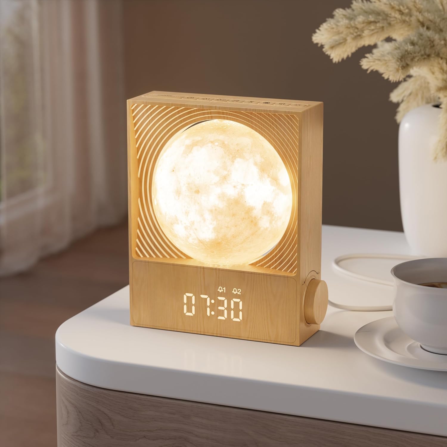 Lámpara lunar giratoria RETEYUNG con despertador de amanecer, luz nocturna para adultos y niños, 15 sonidos de alarma, iluminación RGB, 10 sonidos de la naturaleza, regalo para adolescentes y estudiantes.