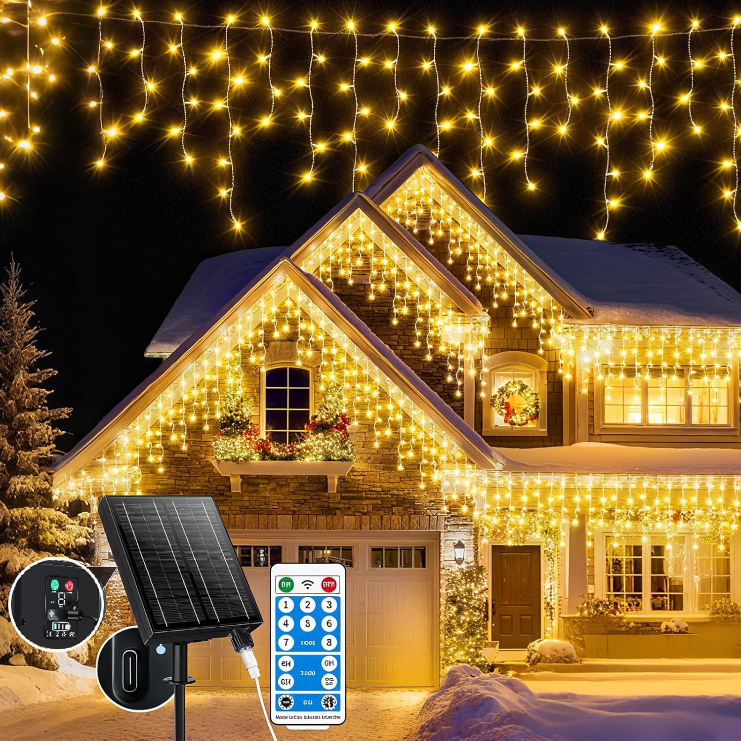 Luces solares tipo carámbano, alimentadas por energía solar y recargables, 20 m + 5 m, 660 LED, resistentes al agua IP65, con 8 modos, temporizador y memoria, luces navideñas para exteriores para balcón, ventana, casa, barandilla (color cálido).