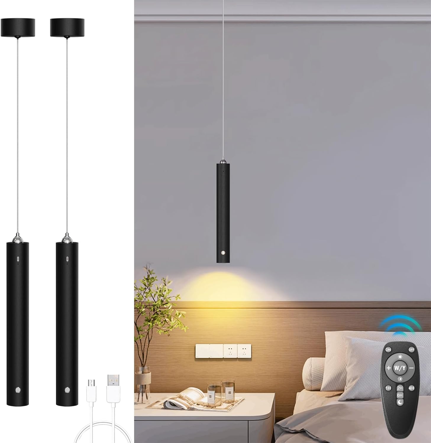 ACMHNC Lámpara Colgante con Bateria, 2 Piezas Lámpara de Techo Colgante sin cable, 4500mAh Recargable USB, Mando a Distancia, Altura Regulable, Lamparas a Pilas Negro Para Cocina Dormitorio,Ø4x30cm