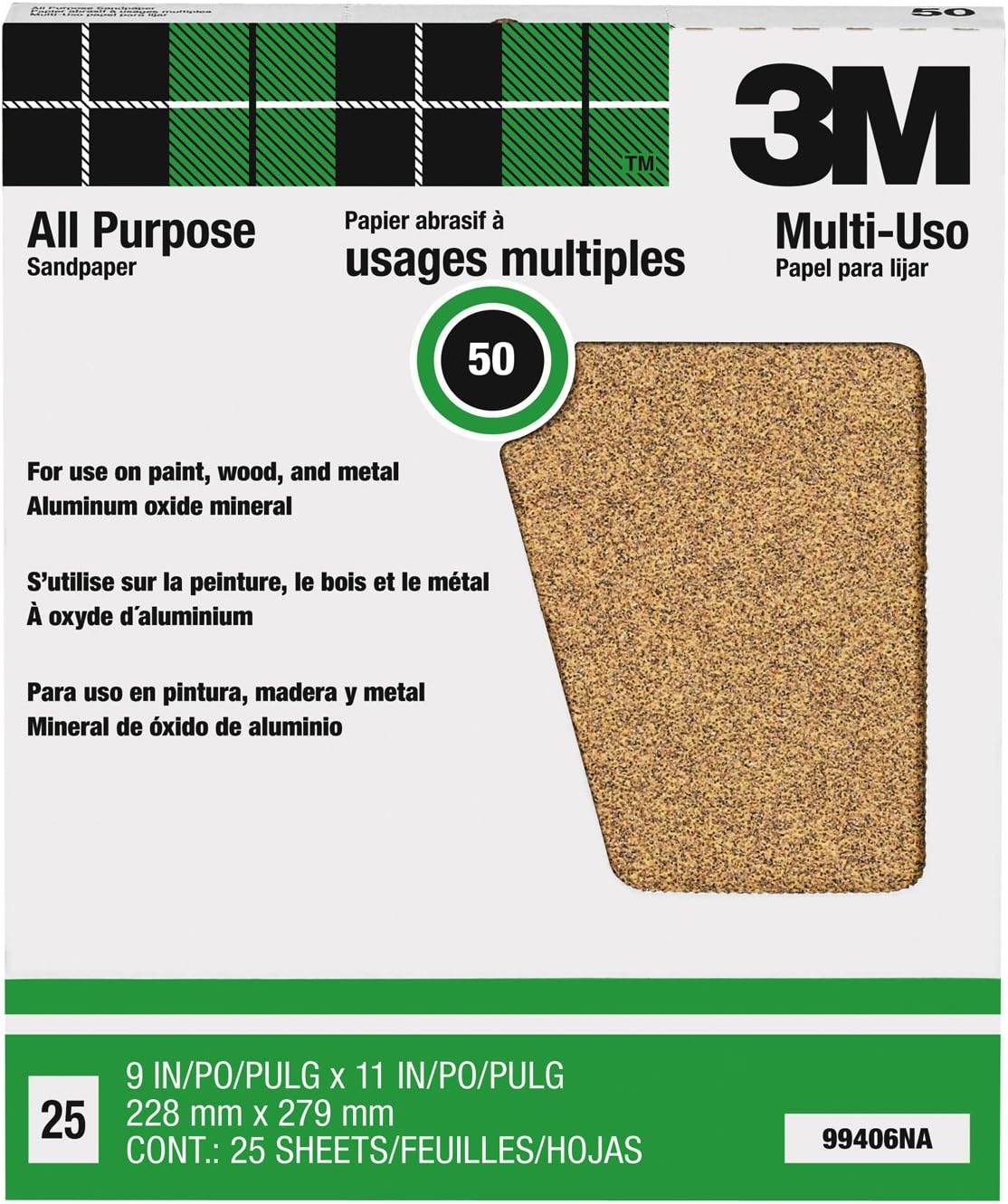 3M Pro-Pak 99422NA Pintura abrasiva de óxido de aluminio y eliminación de óxido, grano 50, 9"" x 11"", 25 hojas por paquete (99406NA)