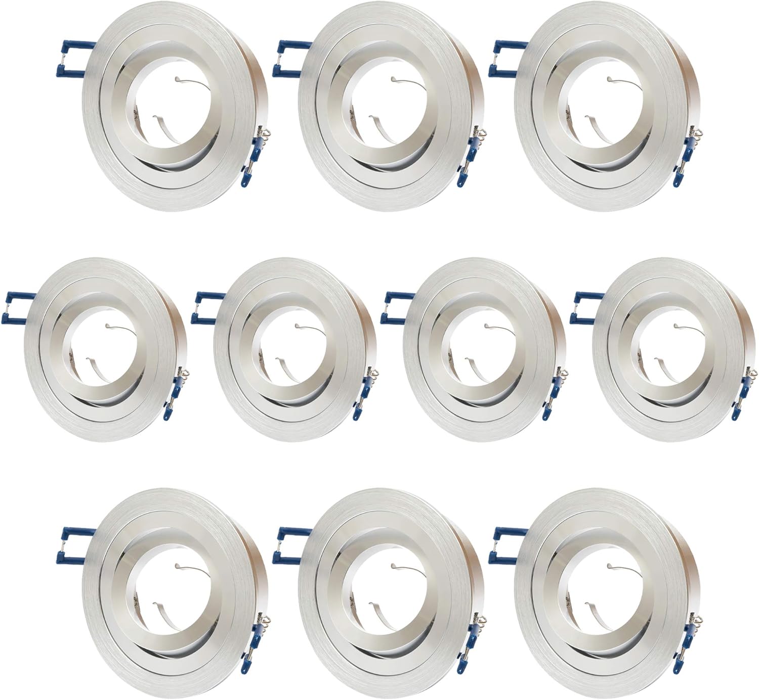 Set de 10 focos LED empotrables de aluminio, cada uno con un diámetro exterior de 92 mm y un orificio de instalación de 75-85 mm. Diseño giratorio de 30° para mejor direccionamiento de la luz. Compati