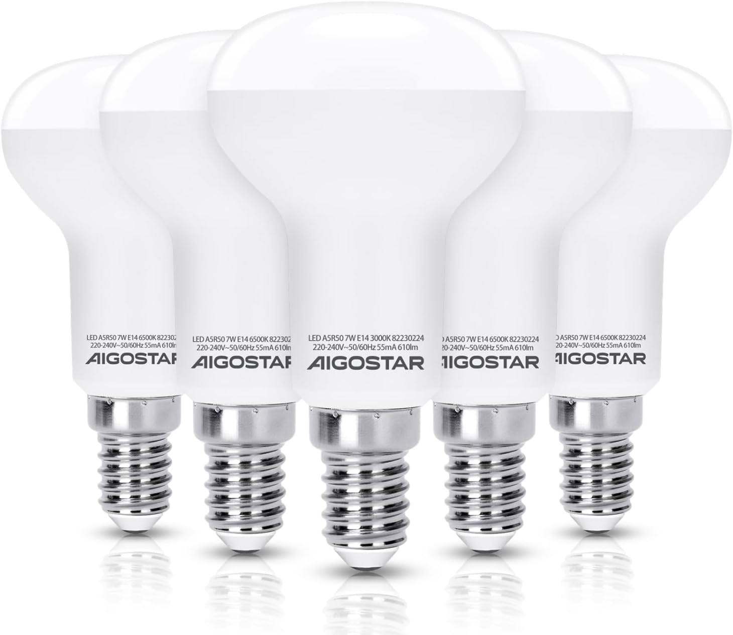 Lámpara LED reflectora E14, luz blanca cálida, 7W, 610 lúmenes, 3000 Kelvin, R50, ángulo de haz de 170°, lámpara de bajo consumo, 5 unidades.