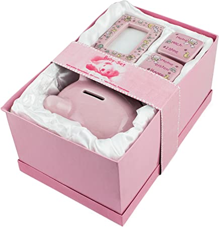 BRUBAKER Regalo para Bebé niña, con caja para mi primer diente, caja para mi primer rizo y marco de la foto - Rosa - Alemán