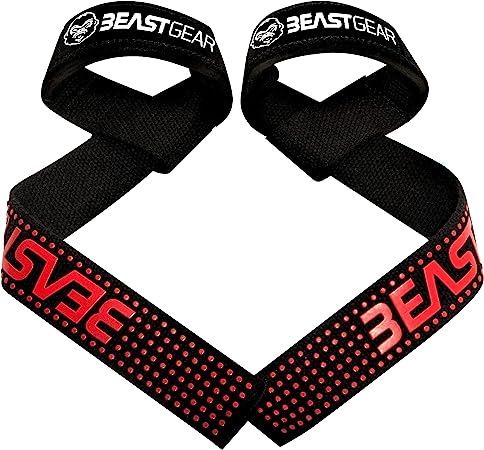 Beast Gear muñequeras gimnasio correas antideslizantes para gym o straps para fitness y ejercicio de levantamiento de pesas en gimnasio, en algodón y neopreno color negro y rojo