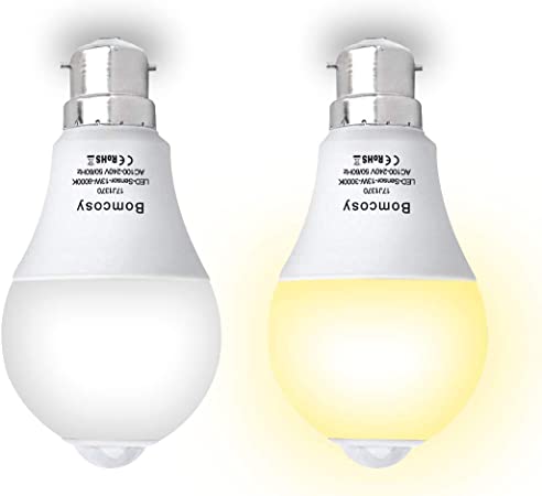 Bomcosy Bombilla LED B22 13W Sensor de Movimiento Blanco Frío 6000k PIR Equivalente a 100W Encendido/Apagado Automático para Pasillo Porche Garaje Sótano 2 Unidades