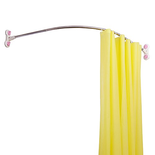 Barra de cortina de ducha curvada BAOYOUNI, material de acero inoxidable y ABS. Dimensiones: 95,5 x 95,5 cm. Instalación fácil mediante ventosas o perforación. Resistencia superior al agua y carga de hasta 10 kg. ideal para uso comercial y residencial.