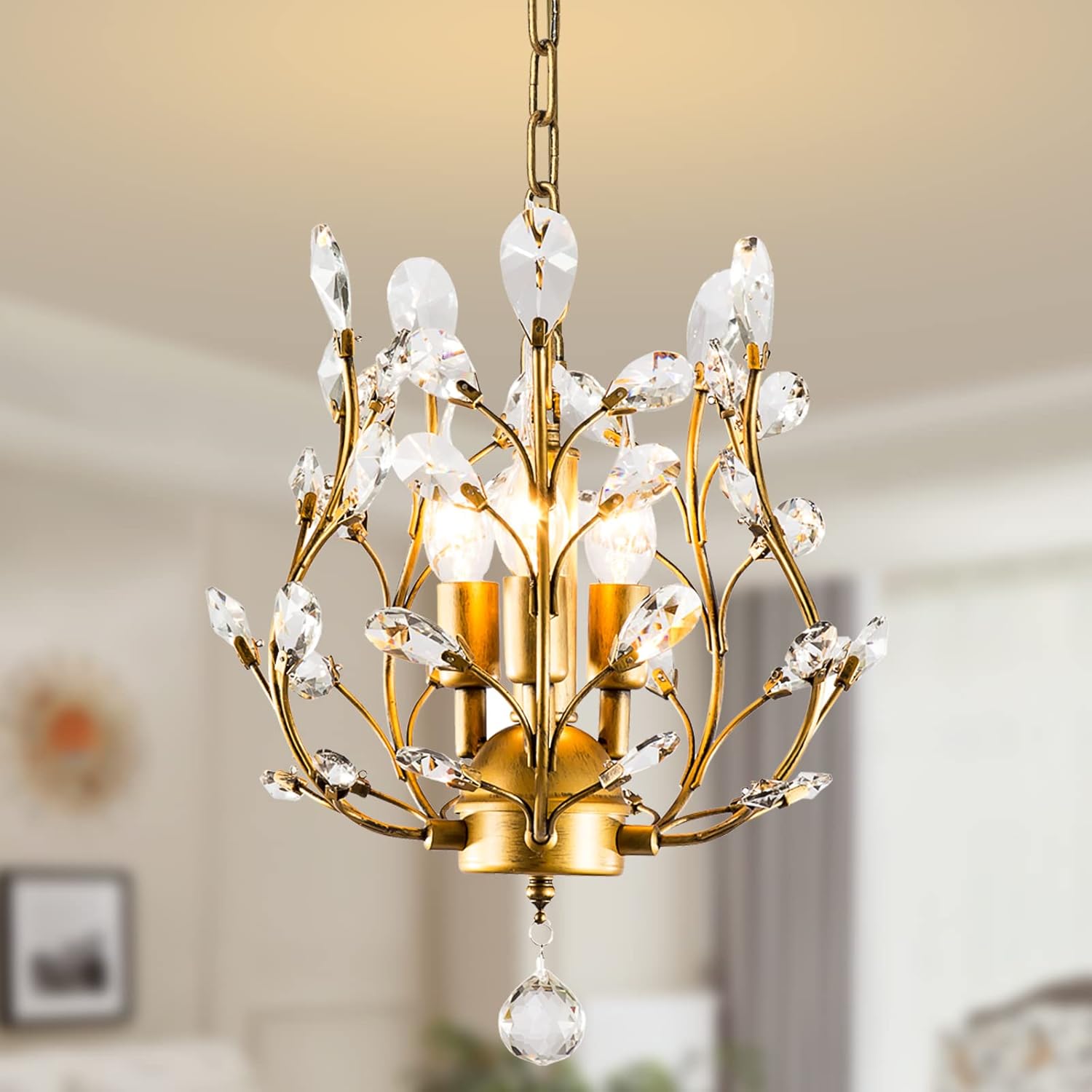 Lámpara de araña de cristal Ganeed, lámpara colgante de cristal K9, lámpara de techo para sala de estar, dormitorio, restaurante, pasillo, color dorado, 3 luces.