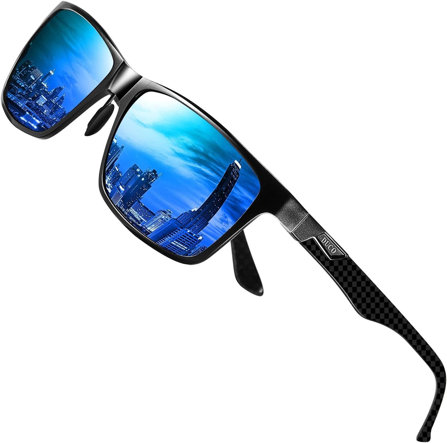 DUCO Gafas de sol polarizadas para hombre con montura rectangular de metal y patillas de fibra de carbono UV400 CAT 3 8206 (montura negra, lente azul)