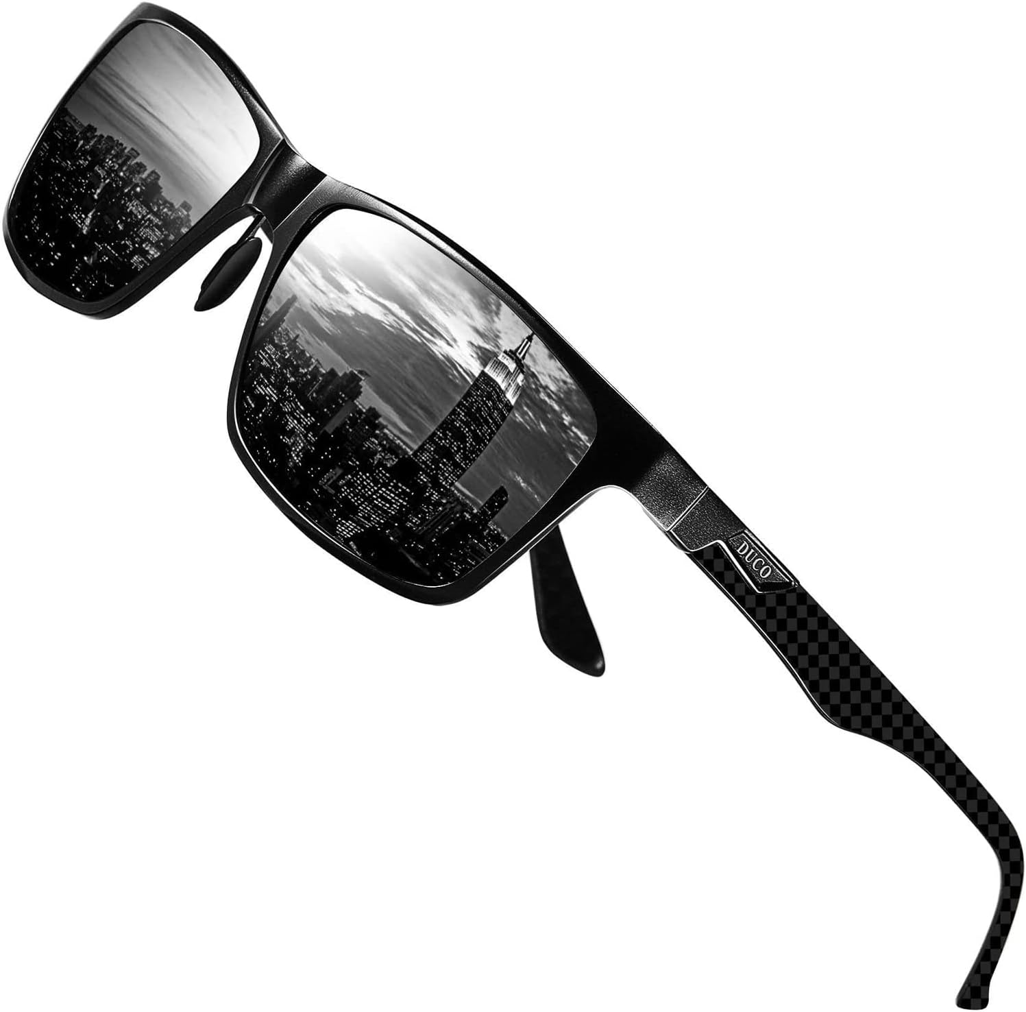 DUCO Gafas de sol polarizadas para hombre con montura rectangular de metal y patillas de fibra de carbono UV400 CAT 3 8206 (montura negra, lente gris)