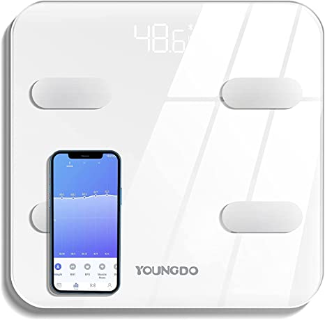 YOUNGDO Báscula Grasa Corporal, Báscula de Baño Bluetooth Digital Inteligente con APP, 19 Medidas Corporales y 8 Usuarios, Monitores de Composición Corporal Máximo 180kg para Andriod e iOS