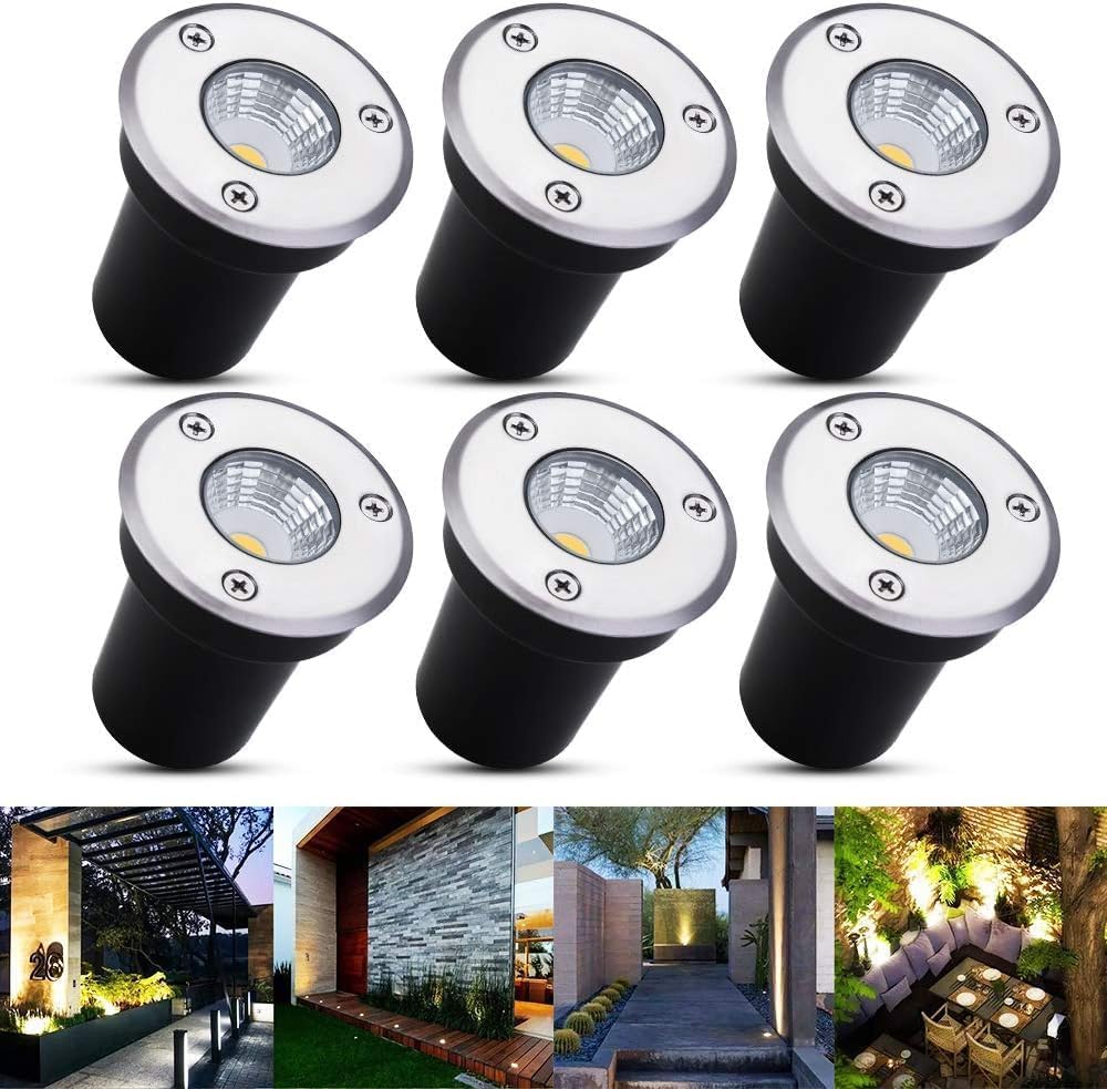 B-right, paquete de 6 focos LED empotrables de suelo, 3 W, para uso exterior, lámparas de pie para exteriores, inoxidables, aptos para pasar por encima de vehículos, capacidad de carga de hasta 800 kg, 12 V-24 V CC, diámetro de instalación de 5,8 cm, redondos de acero inoxidable, luz blanca cálida.