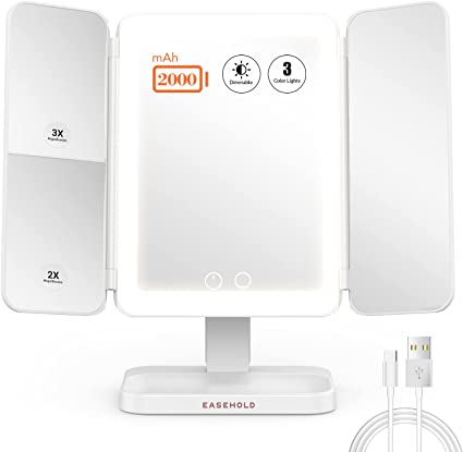 EASEHOLD Espejo Maquillaje con Luz, Triple Espejo Ajustable con Aumentos 10x, 5X, 2X, 1x, 38 LED 180º con Mostrador, Regalos Originales para Mujer, Carga con USB o Batería (Blanco)