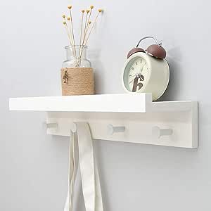 Perchero de pared de bambú con ganchos. Estante superior flotante para almacenamiento de objetos. Para pasillo, baño, sala de estar o dormitorio color blanco, 48,5 x 12 x 8 cm