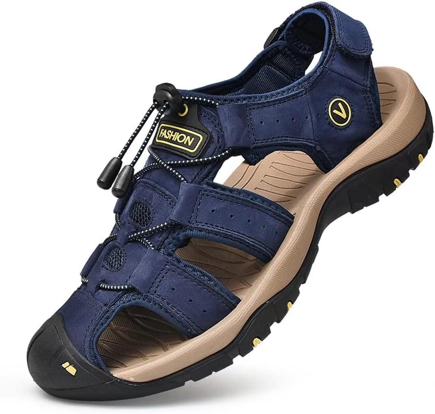 Hombre Sandalias de Verano Playa para Punta Cerrado Gancho y Bucle Al Aire Libre Excursionismo Cuero Zapatos Velcro Deportivas 38-48