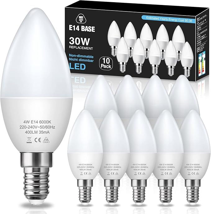 Lámpara de vela LED E14 Fulighture E14, lámpara LED en forma de vela con enchufes E14, 350 lúmenes 6000k blanco frío 3.5w 40w no inmóvil, 10 piezas