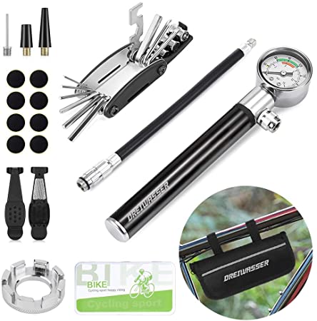 DreiWasser Kit de reparación de Bicicletas Bomba de Aire con manómetro 16 en 1 Multiherramienta, Kit de reparación, Destornillador, Palanca de neumáticos, Llave de radios y Lima