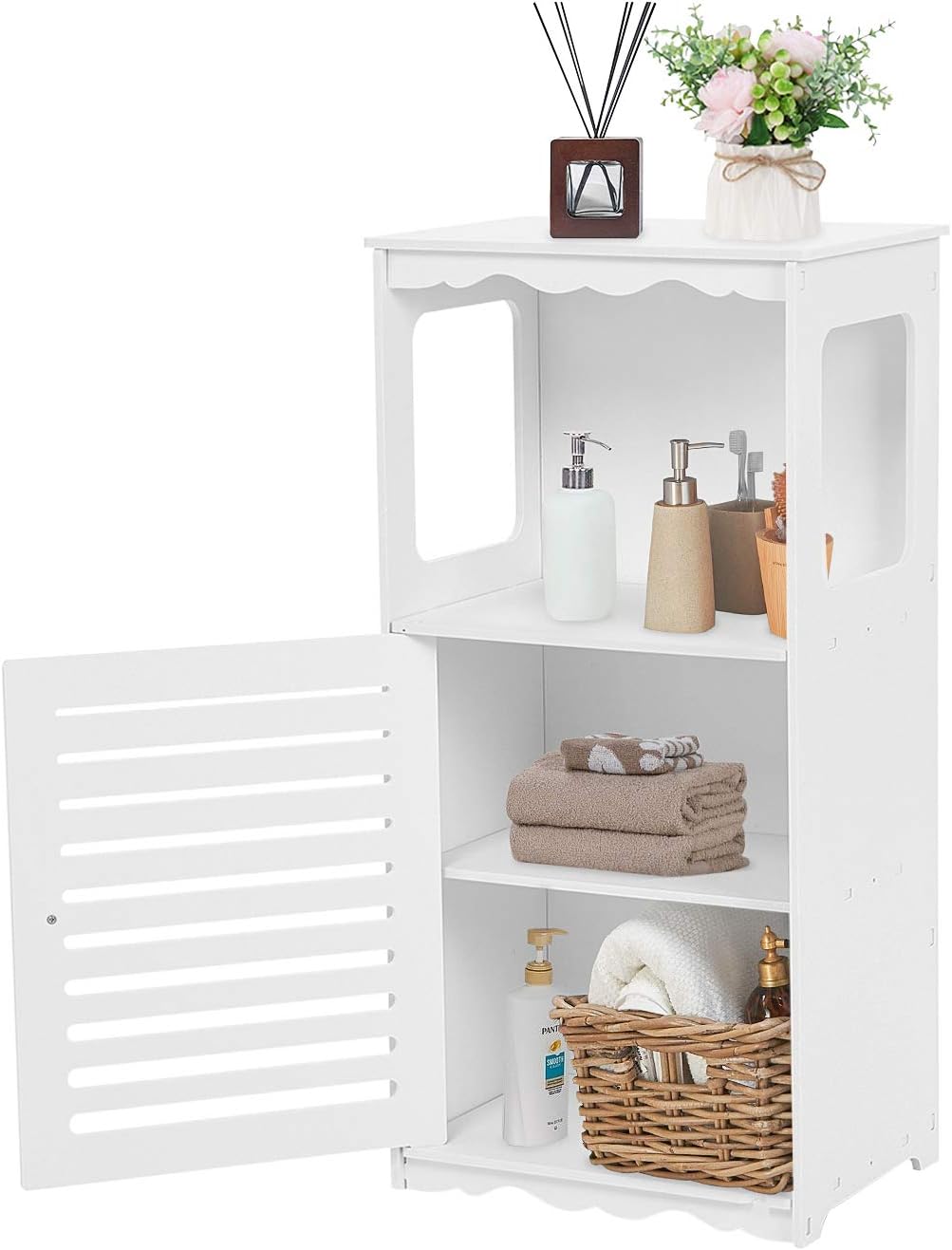 Mueble de baño Cocoarm, blanco, madera, tapa de plástico, mueble esquinero con 1 compartimento abierto y puertas, mueble estrecho para baño y dormitorio, 39,5 x 28 x 80 cm