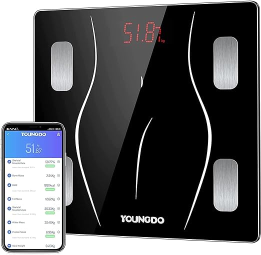 YOUNGDO Báscula Grasa Corporal Digital Inteligente BMI Bluetooth de Alta Precisión, 23 Funciones, Monitor de Composición de Peso Corporal, Precisión 0.1 kg