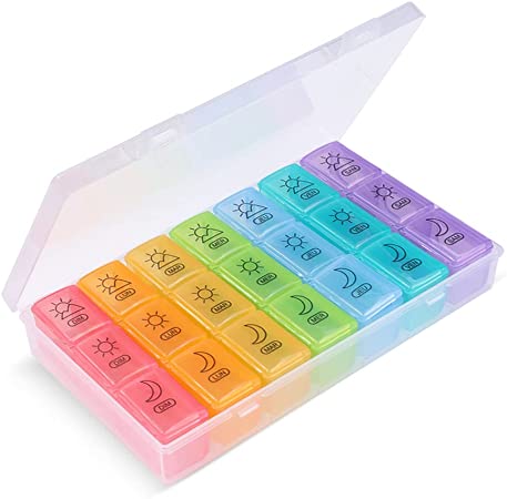 Opret Pastillero semanal francés 7 días 21 compartimentos 3 veces por día multicolores