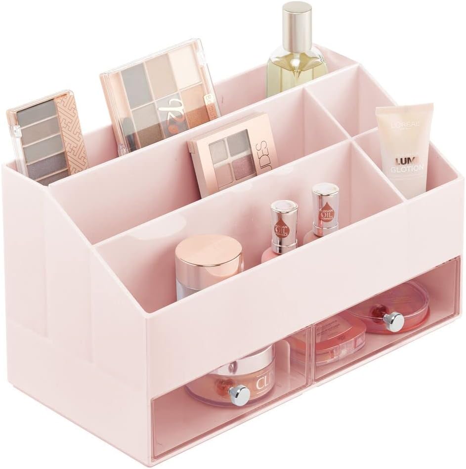 mDesign Organizador de maquillaje – Caja de almacenaje con 5 compartimentos y 2 cajones para esmaltes de uñas y cosméticos – Caja de plástico, ideal para guardar maquillaje – rosa/transparente