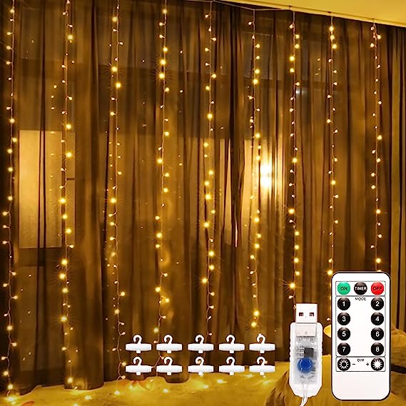 Luces de Cadena de Cortina USB, 3m*3m 300 LED 8 Modos de Luz con Control Remoto, Impermeable, Cadena de Luces Decoración de Casa, Fiestas, Bodas, Jardin, Arbol de Navidad, etc(Blanca Cálida)