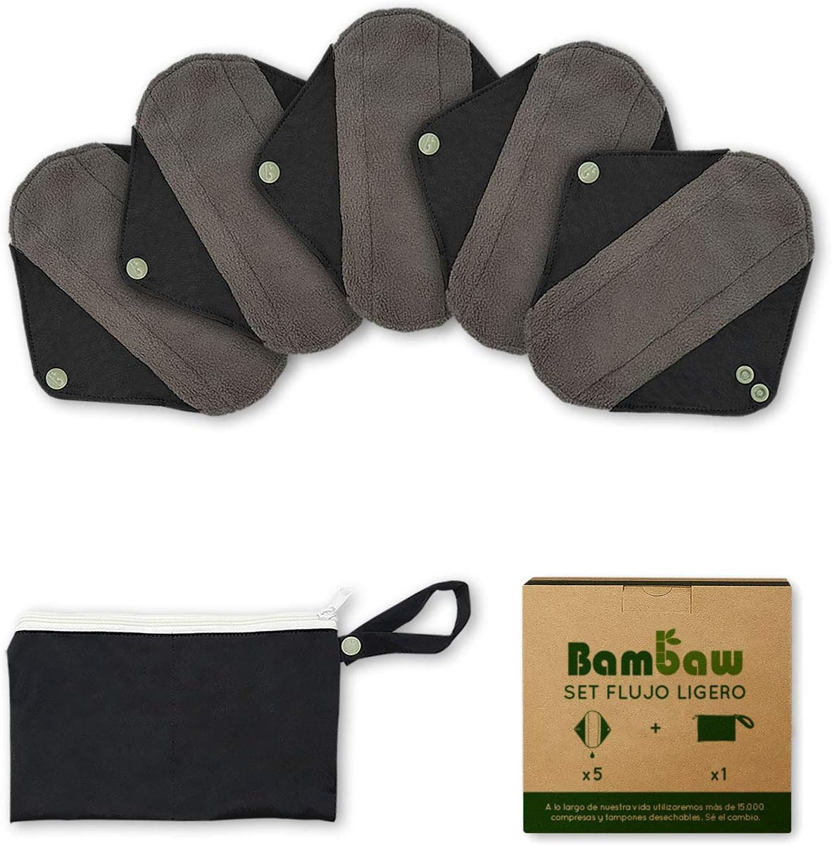 Compresas Reutilizables Ecológicas | Set de Compresas Lavables Para Mujeres | Pack de Salvaslip Reutilizable Para Todo Tipo de Flujos | Set de 5 Compresas de Tela | Productos Ecológicos | Bambaw