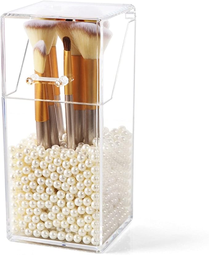 Organizador de cosméticos Almacenamiento de brochas con tapa Organizador de maquillaje transparente para guardar maquillaje para brochas de maquillaje con cuentas blancas gratis (9 x 9 x 21 cm), B097ZMP25T