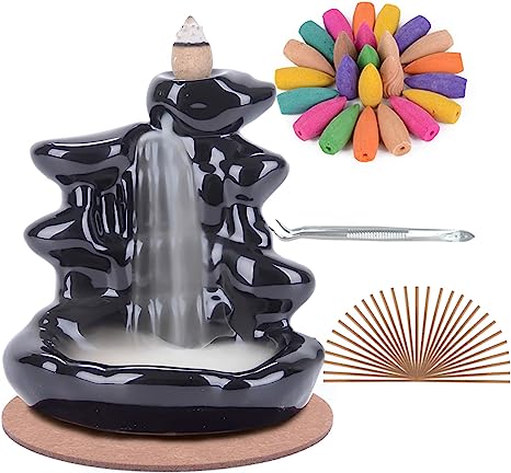 SPACEKEEPER Quemador de Incienso de Cascada Hecho a Mano con reflujo de cerámica, Adorno de aromaterapia, decoración del hogar con 120 Conos de Incienso de reflujo + 30 Varillas de Incienso