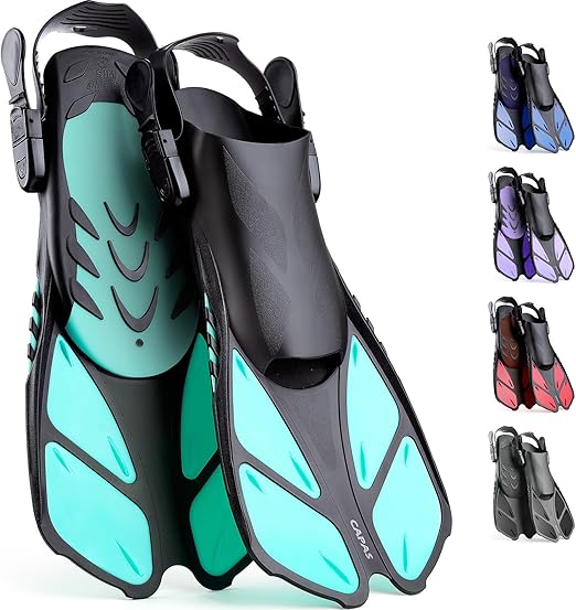 CAPAS Aletas de Snorkel, Aletas de Natación Tamaño de Viaje Corto Ajustable para Snorkel Buceo Adulto Hombres Mujeres Niños Abierto Talón Natación Aletas. Talla ML-XL 42-47