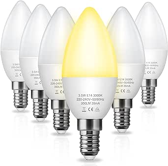 Fulighture Bombillas LED tipo vela E14, bombilla de rosca Edison de 3 W, equivalente a incandescente de 35 W, luz blanca cálida 3000 K, 300 lm, no regulable, ahorro de energía para lámparas de araña, lámparas de pared, accesorios de techo, paquete de 6 [Clase de eficiencia energética F]. B08B7VSTGB .UK