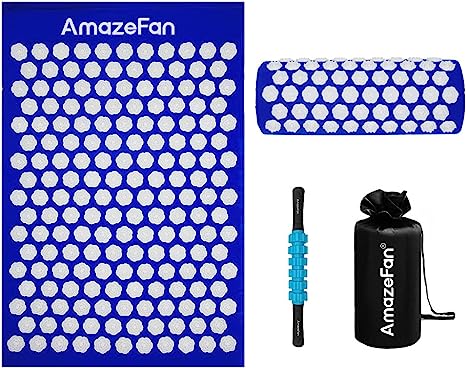 AmazeFan Juego de acupresión para relajación, cojín de acupresión para aliviar el dolor de cabeza y cuello con una bolsa de transporte, con rodillo para músculos