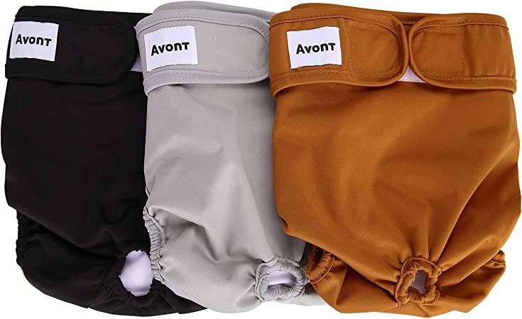 Avont 3 Packs - Pañales Lavables para Perras, Reutizables y Duraderos para Perros Hembra, Female Dog Diapers Altamente Absorbentes -M, 13"-19" Cintura, Negro/Marrón/Gris