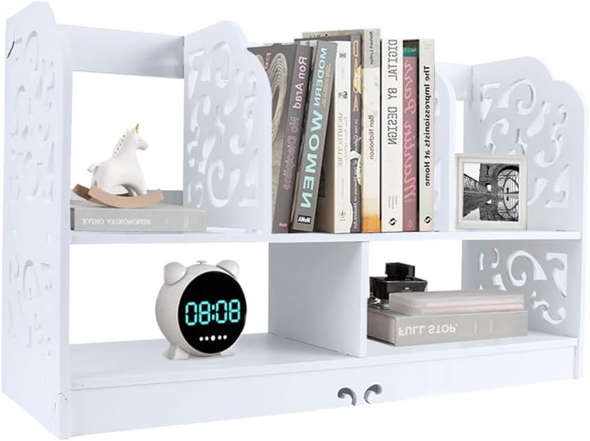 Estantería de madera blanca de 2 niveles Cocoarm DIY, soporte de mesa con patrón tallado para oficina y hogar, mini estante de escritorio