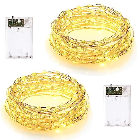 Fulighture Guirnalda Luces LED de 10M, 2 modos de iluminación, con pilas, 100 LED de luz decorativa de alambre plateado, para la pared del dormitorio, cumpleaños, blanco cálido, Paquete de 2