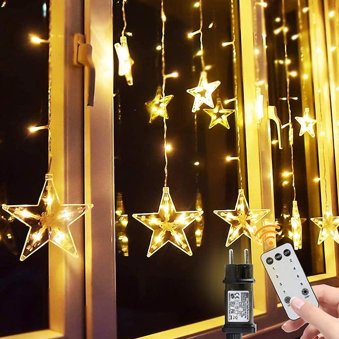 Guirnaldas Luminosas Estrellas Luces, 108 Leds Telones de Hogar, Led Cortina Cadena Luces Con Control Remoto Para El Balcón, Ventana, Pared, Escaparate, Boda, Fiesta, Blanco Cálido color Estrellas 108 [Clase de eficiencia energética G].B07ZKH4P4M
